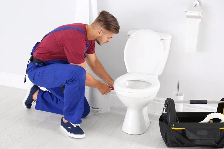 Rørlegger som arbeider med toalettskålen på badet